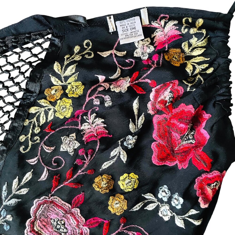 Black + Colorful Floral Embroidered Vintage Halter Top w/ Fringe Fairy Whimsey - Picture 7 of 7